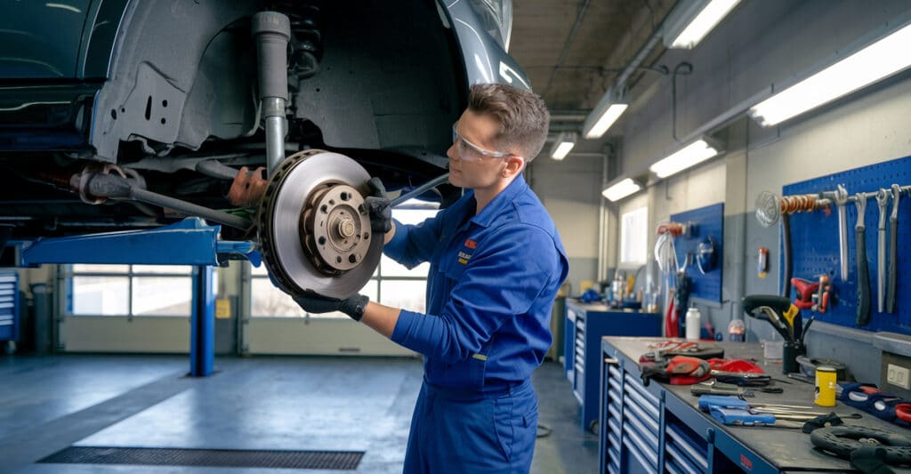 Mécanicien en uniforme bleu et lunettes inspecte un disque de frein sur une voiture soulevée en garage automobile.