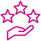 Symbole de qualité et service : main stylisée tenant trois étoiles roses vives.