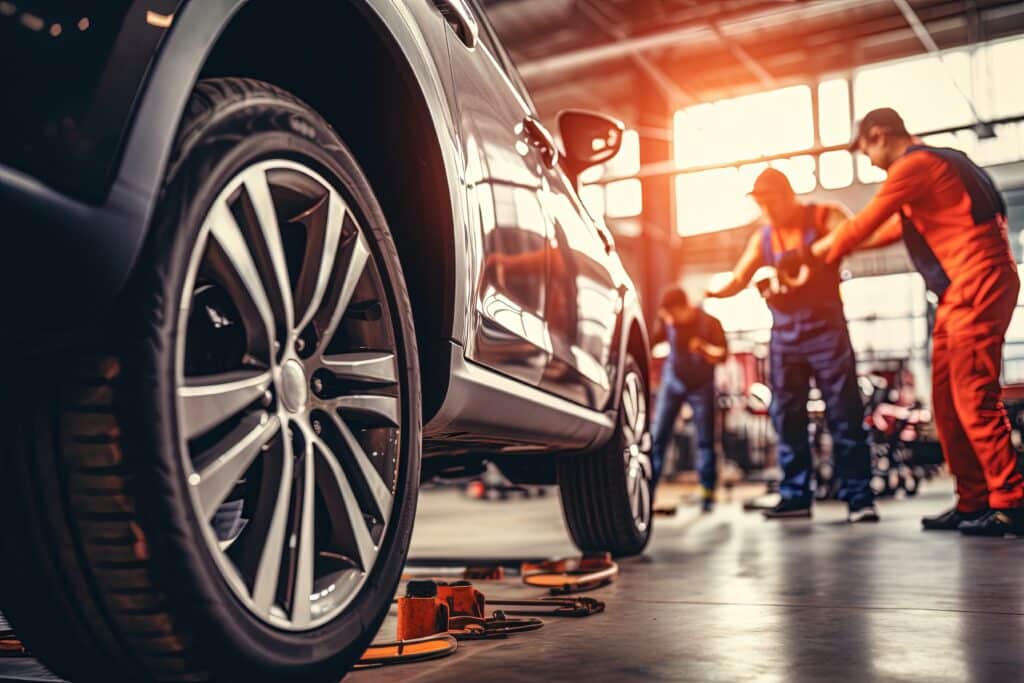Entretien automobile : gros plan sur roue et pneu de voiture, mécaniciens au travail dans garage lumineux.